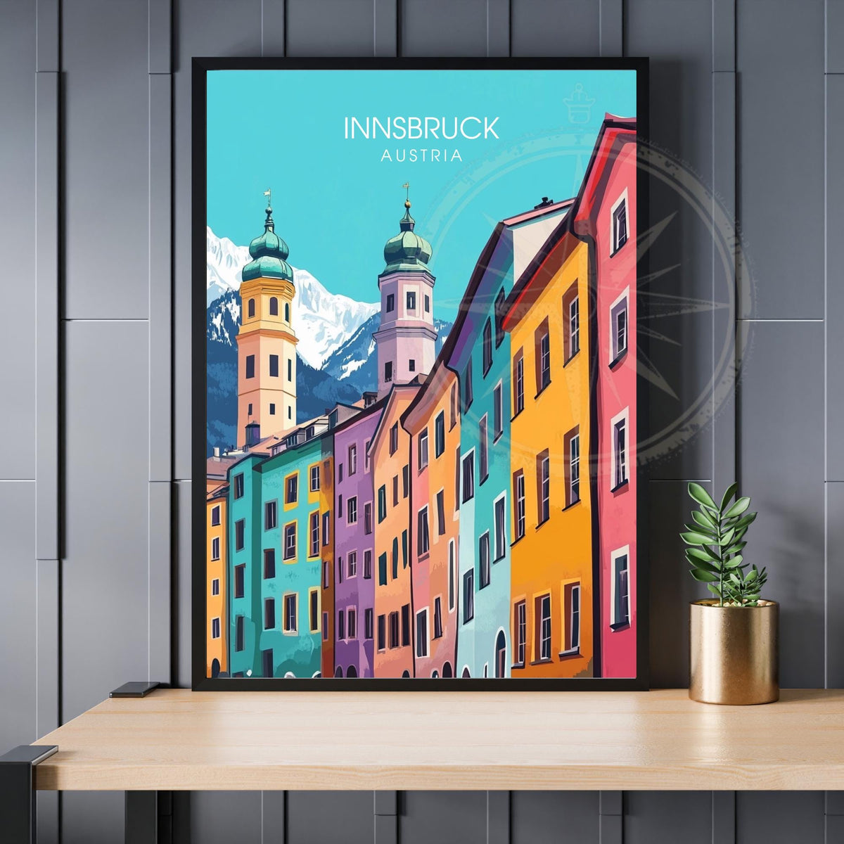 Poster Innsbruck Austria avec vieille ville colorée, tours baroques et Alpes du Tyrol en arrière-plan