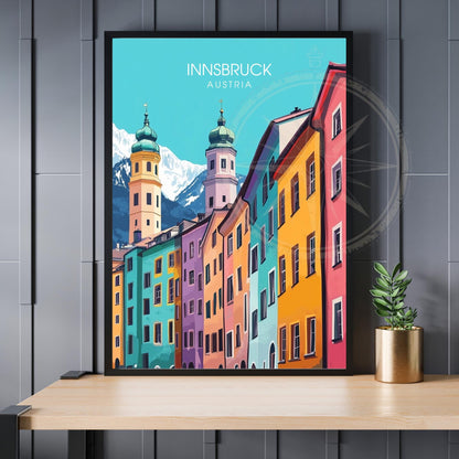 Poster Innsbruck Austria avec vieille ville colorée, tours baroques et Alpes du Tyrol en arrière-plan