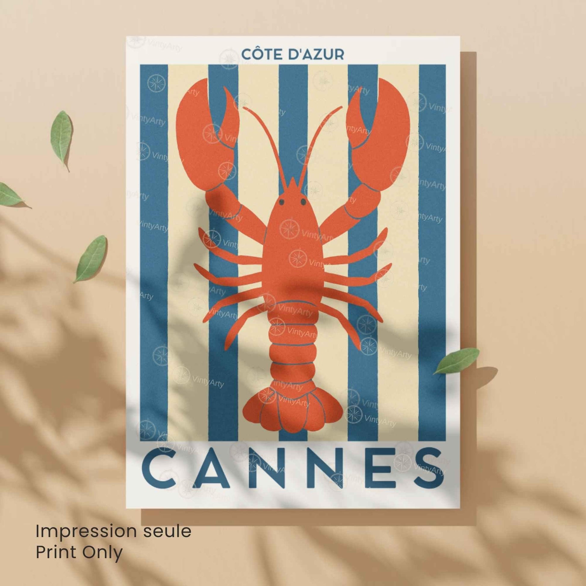 Affiche Cannes Homard – Poster Côte d’Azur – Illustration déco marine bord de mer vintage