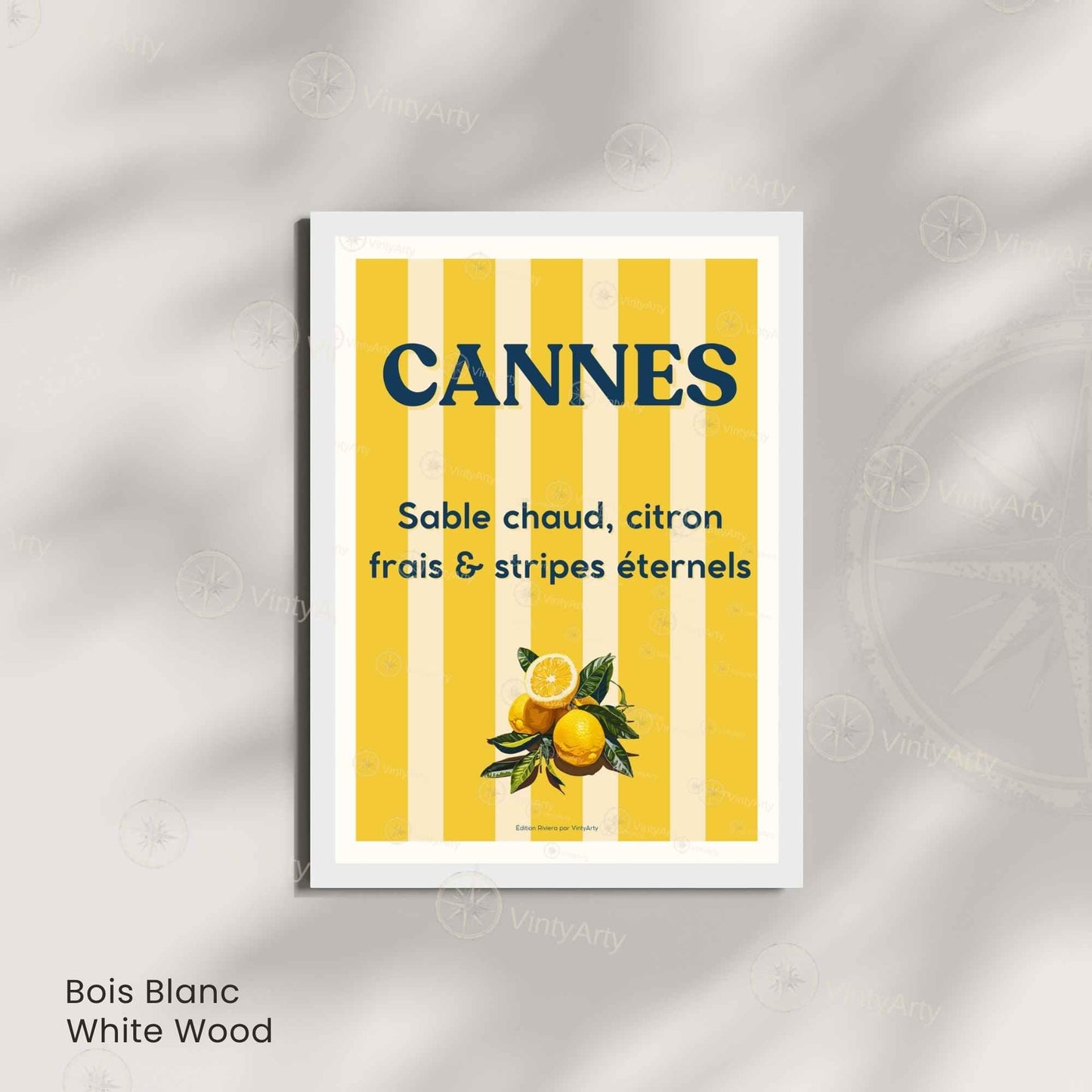 Affiche Cannes citron et rayures – Poster typographique Côte d’Azur – Déco vintage soleil et fruits