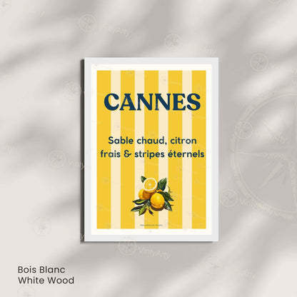Affiche Cannes citron et rayures – Poster typographique Côte d’Azur – Déco vintage soleil et fruits