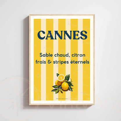 Affiche Cannes citron et rayures – Poster typographique Côte d’Azur – Déco vintage soleil et fruits