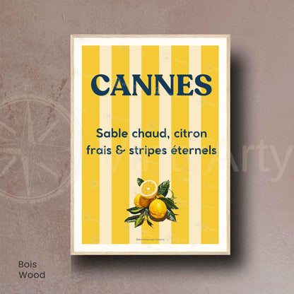 Affiche Cannes citron et rayures – Poster typographique Côte d’Azur – Déco vintage soleil et fruits