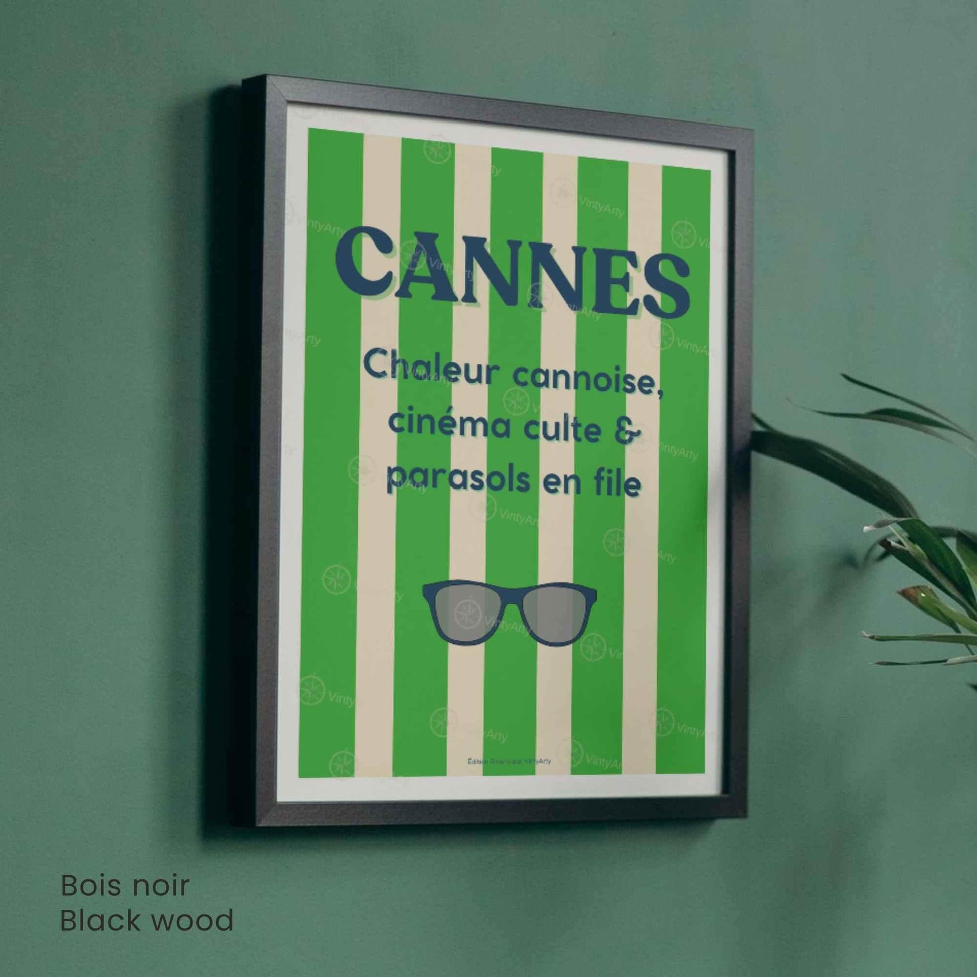 Affiche Cannes lunettes – Poster rayures vertes Côte d’Azur – Art typographique été & cinéma