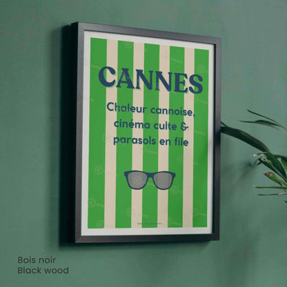 Affiche Cannes lunettes – Poster rayures vertes Côte d’Azur – Art typographique été & cinéma