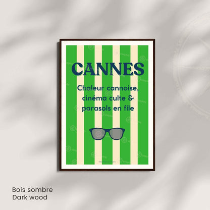 Affiche Cannes lunettes – Poster rayures vertes Côte d’Azur – Art typographique été & cinéma