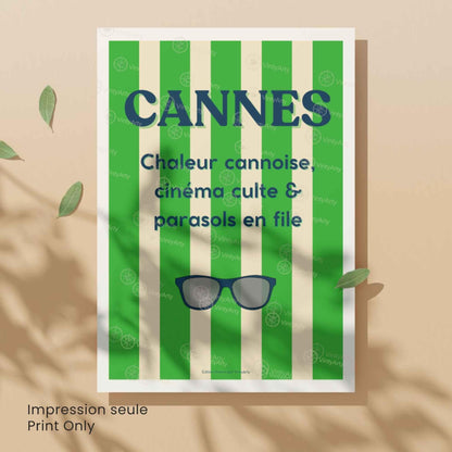 Affiche Cannes lunettes – Poster rayures vertes Côte d’Azur – Art typographique été & cinéma