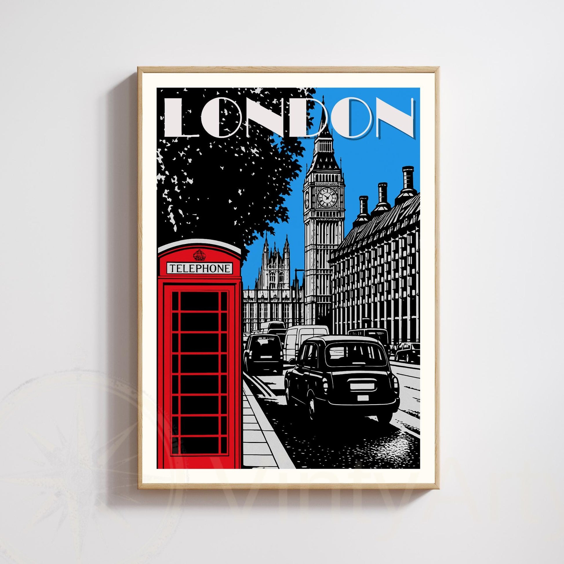 London Poster – Big Ben, Red Telephone Box & Black Cab | Vintage Travel Art Print | Iconic British Wall Decor