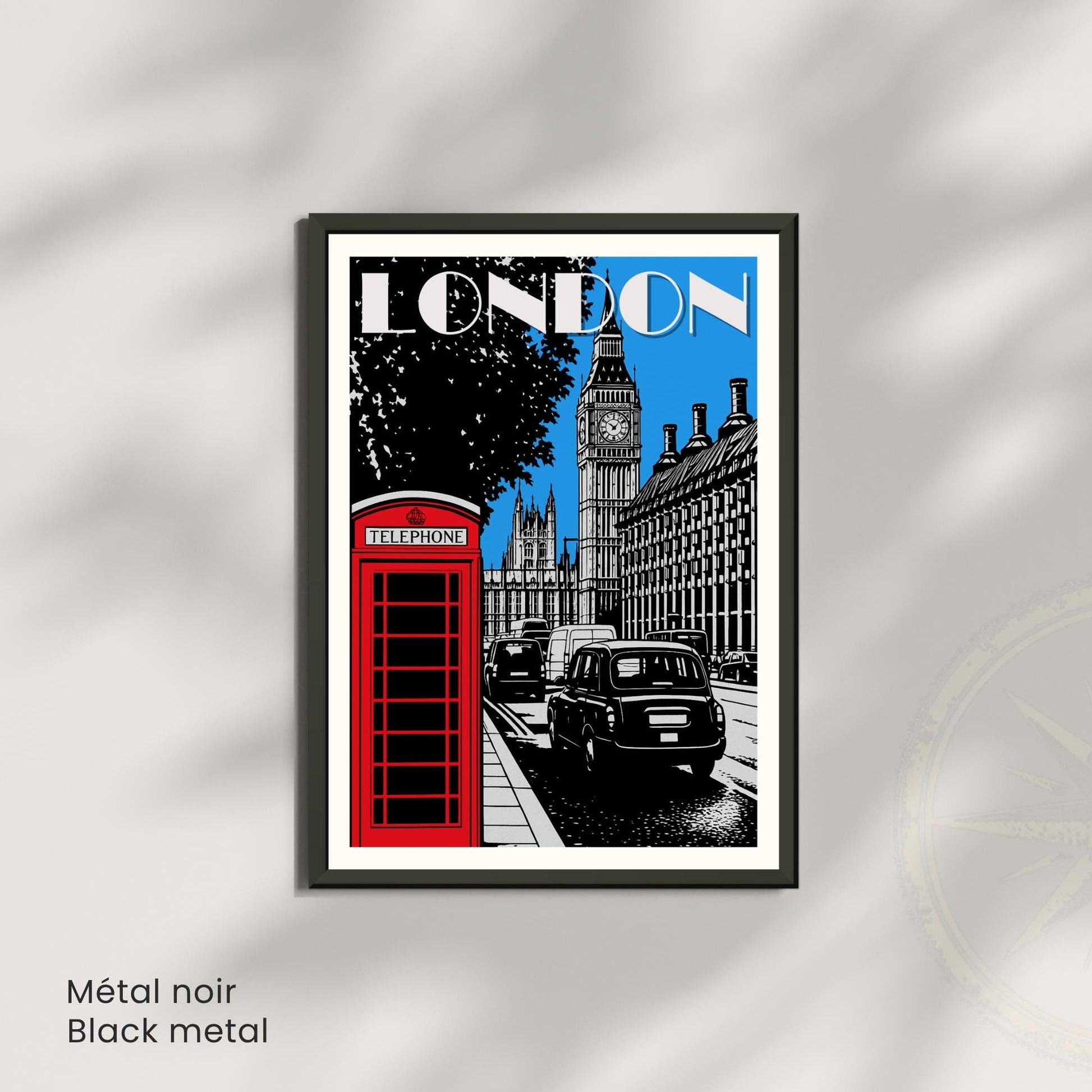 Affiche Londres – Big Ben, cabine téléphonique rouge et taxi noir | Poster graphique vintage style travel poster UK décoration murale