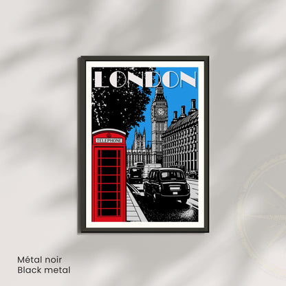 Affiche Londres – Big Ben, cabine téléphonique rouge et taxi noir | Poster graphique vintage style travel poster UK décoration murale