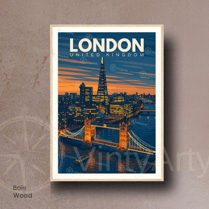 Affiche Londres coucher de soleil – Tower Bridge & The Shard | Poster voyage moderne | Déco murale britannique | Avec ou sans cadre