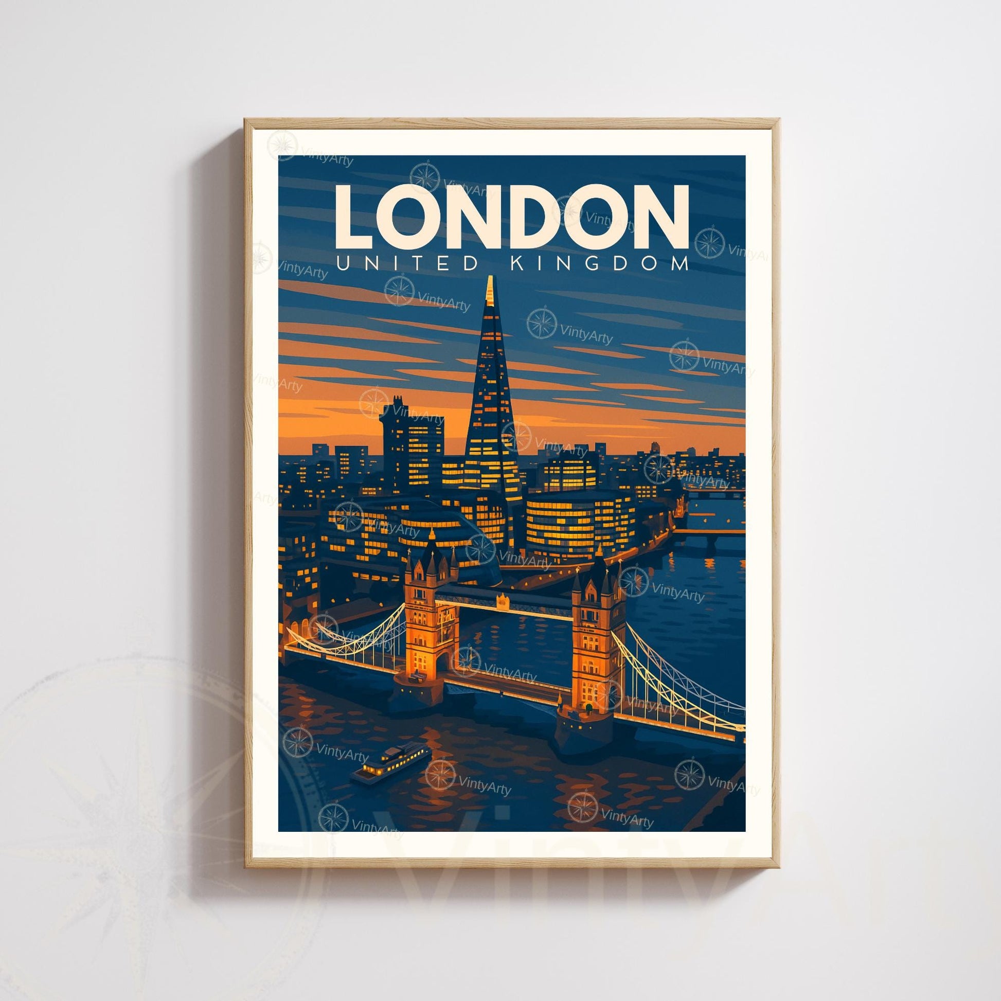 Affiche Londres coucher de soleil – Tower Bridge & The Shard | Poster voyage moderne | Déco murale britannique | Avec ou sans cadre