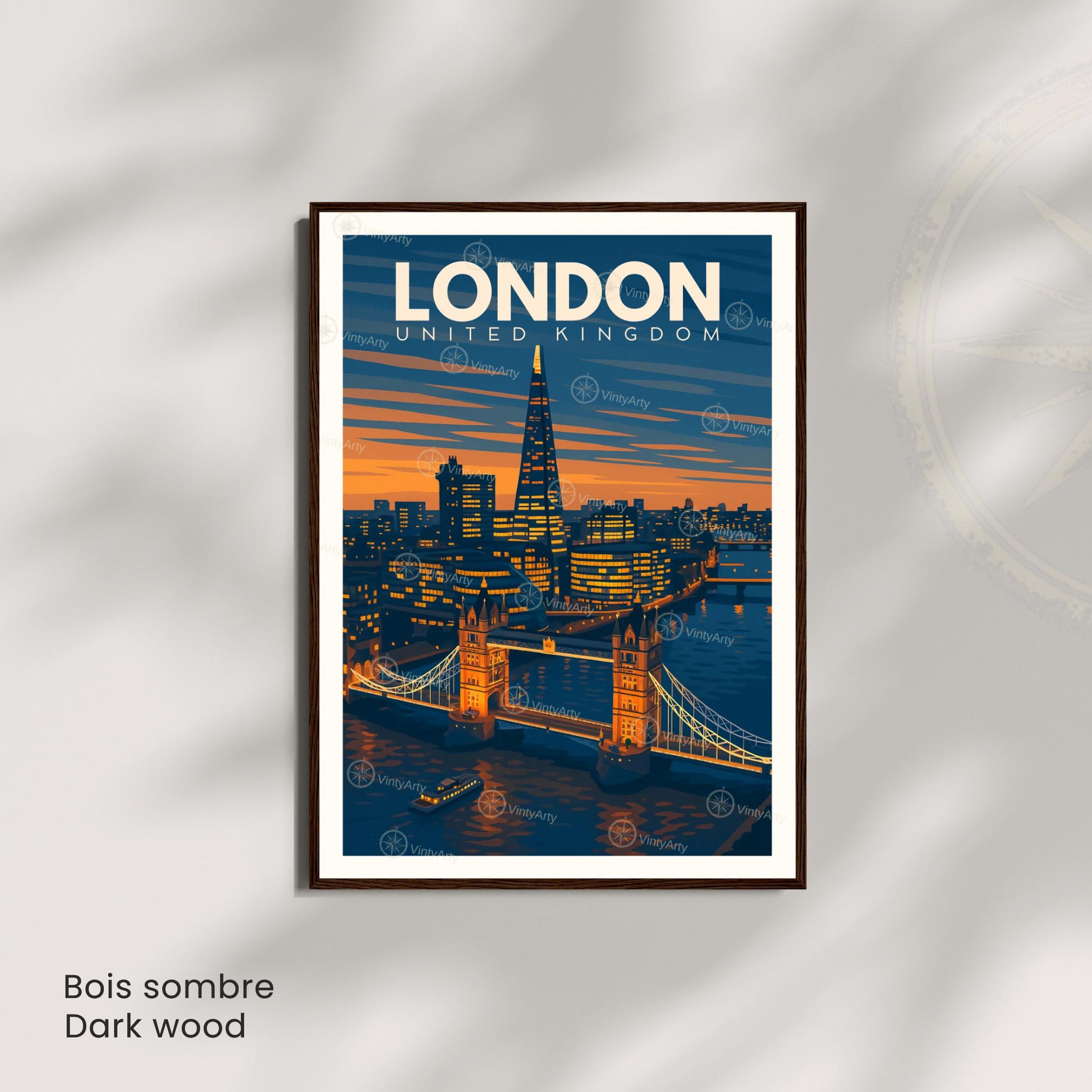 Affiche Londres coucher de soleil – Tower Bridge & The Shard | Poster voyage moderne | Déco murale britannique | Avec ou sans cadre