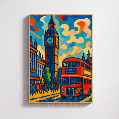Affiche Londres – Big Ben & Bus Rouge | Poster peinture colorée style moderne | Déco murale britannique | Avec ou sans cadre