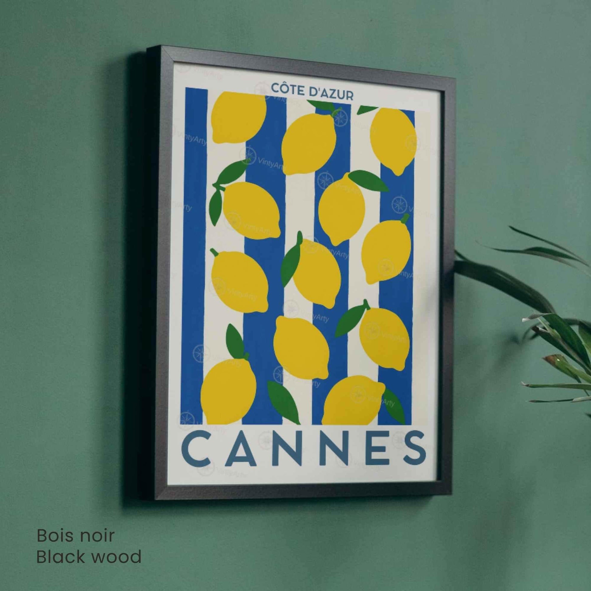 Affiche Cannes Citron Côte d’Azur – Poster décoratif Méditerranée – Illustration graphique fruits jaune & rayures bleu