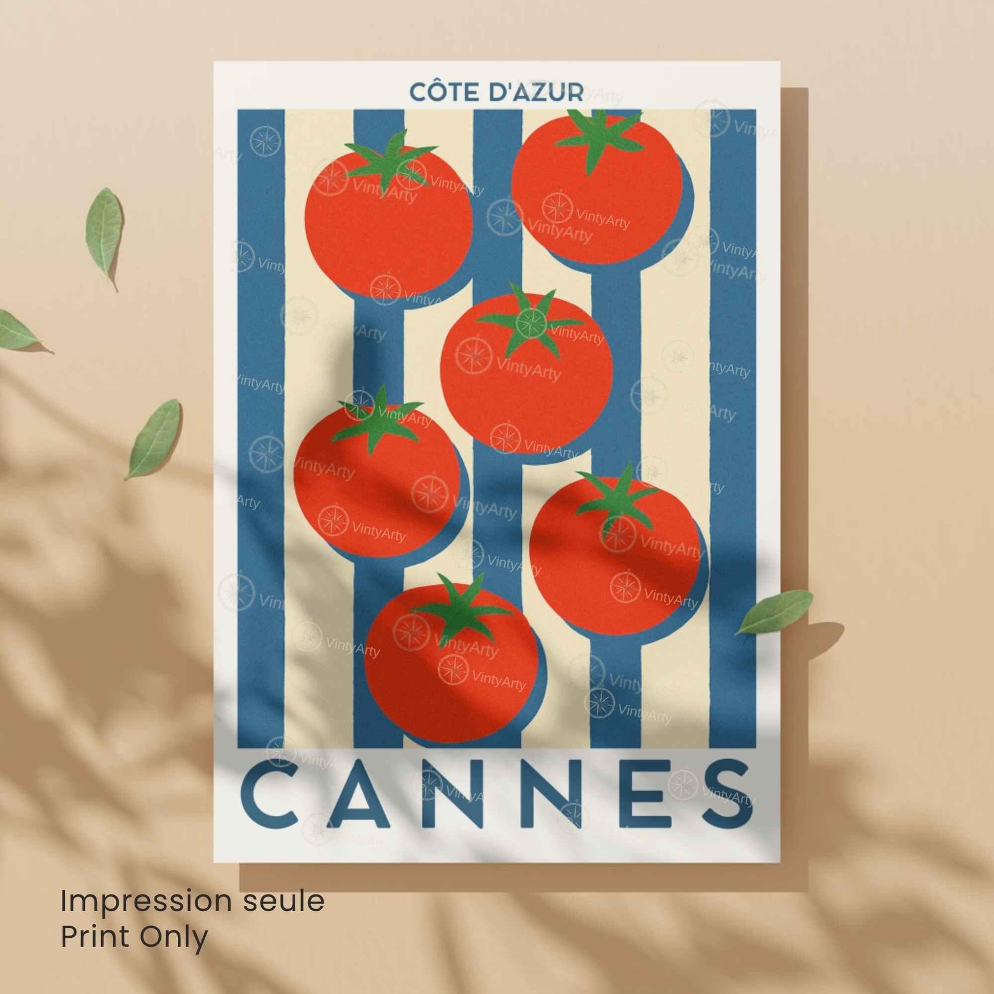 Affiche Cannes Tomates Côte d’Azur – Poster déco cuisine sud de la France – Illustration graphique légumes vintage