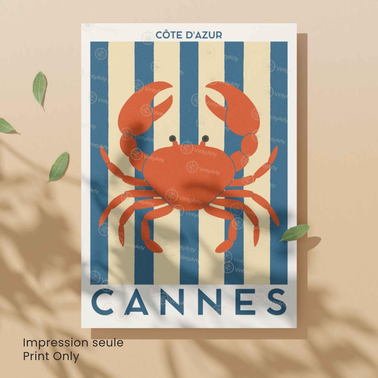 Affiche Cannes Crabe – Illustration Côte d’Azur – Poster marin décoration murale bord de mer