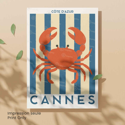Affiche Cannes Crabe – Illustration Côte d’Azur – Poster marin décoration murale bord de mer