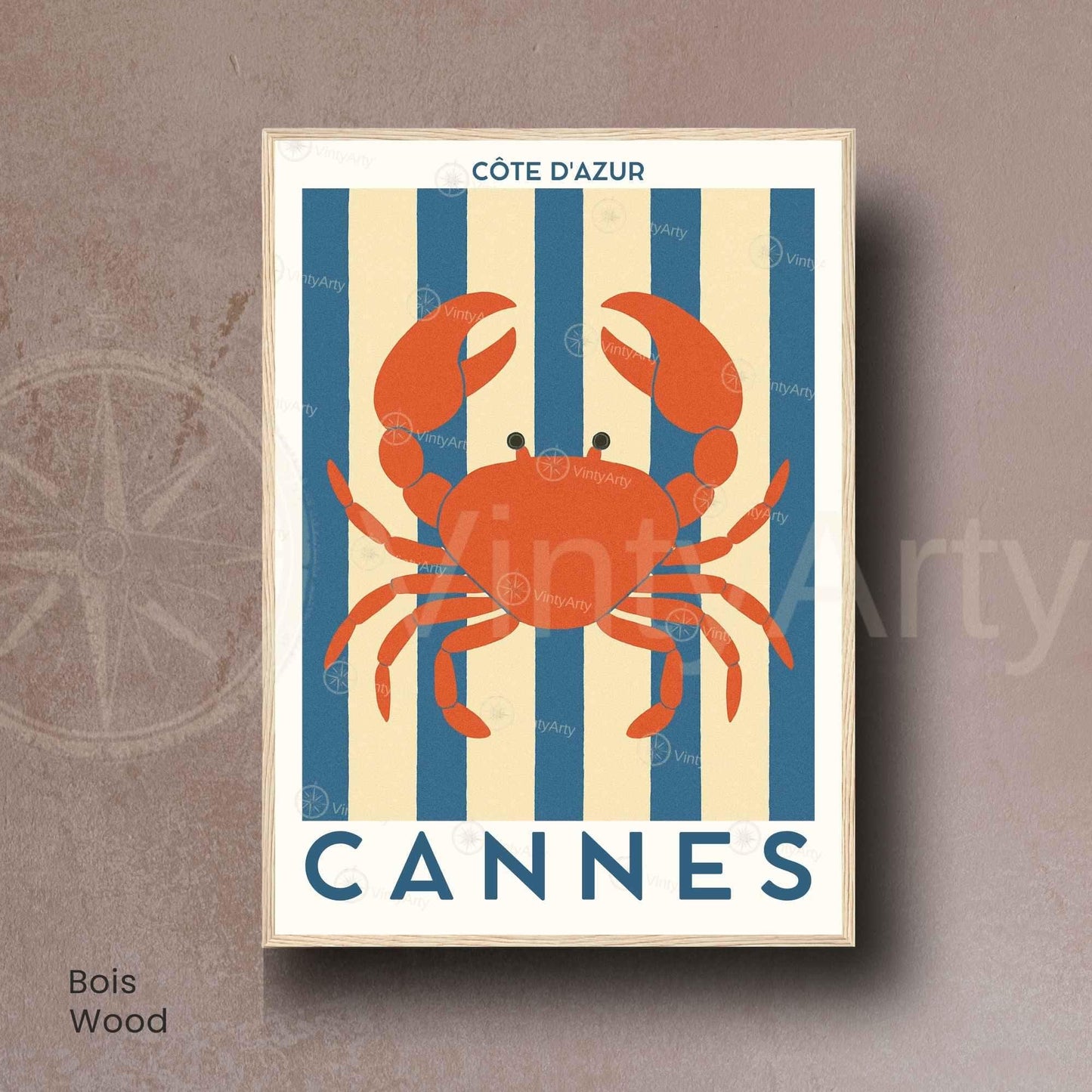 Affiche Cannes Crabe – Illustration Côte d’Azur – Poster marin décoration murale bord de mer