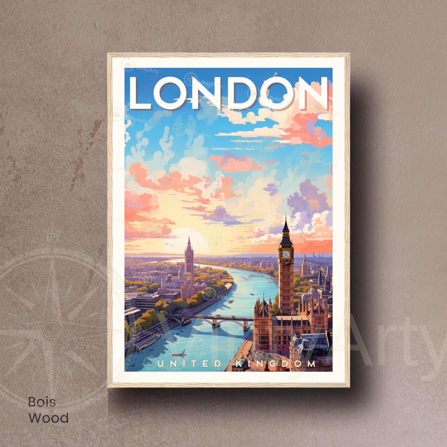Affiche Londres – Vue aérienne au coucher du soleil | Poster paysage urbain moderne | Déco murale britannique | Avec ou sans cadre
