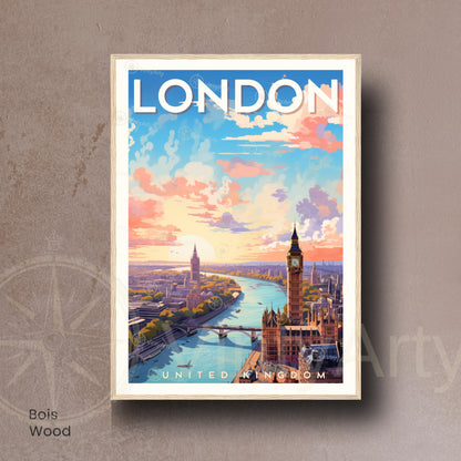 Affiche Londres – Vue aérienne au coucher du soleil | Poster paysage urbain moderne | Déco murale britannique | Avec ou sans cadre