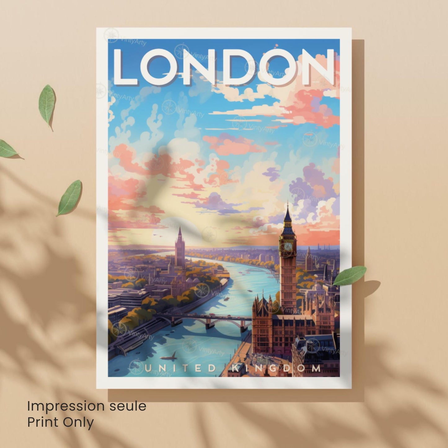Affiche Londres – Vue aérienne au coucher du soleil | Poster paysage urbain moderne | Déco murale britannique | Avec ou sans cadre