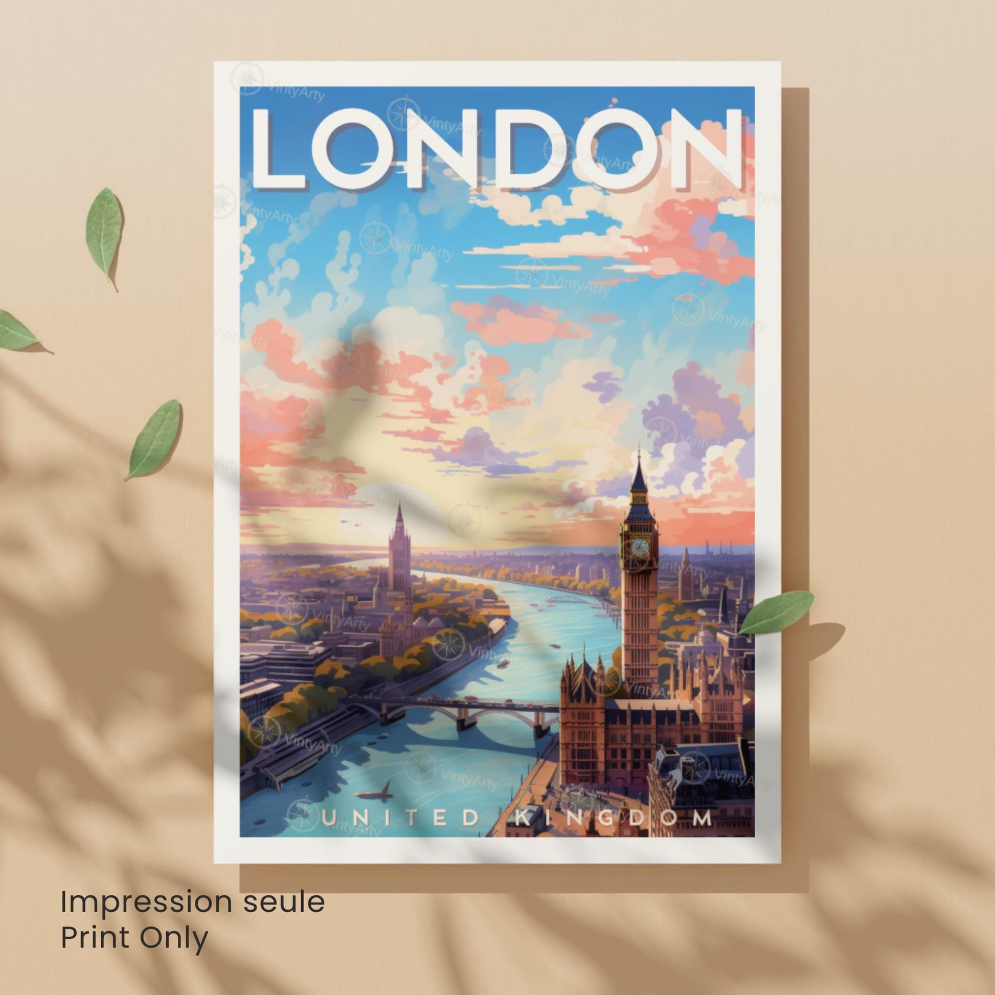 Affiche Londres – Vue aérienne au coucher du soleil | Poster paysage urbain moderne | Déco murale britannique | Avec ou sans cadre