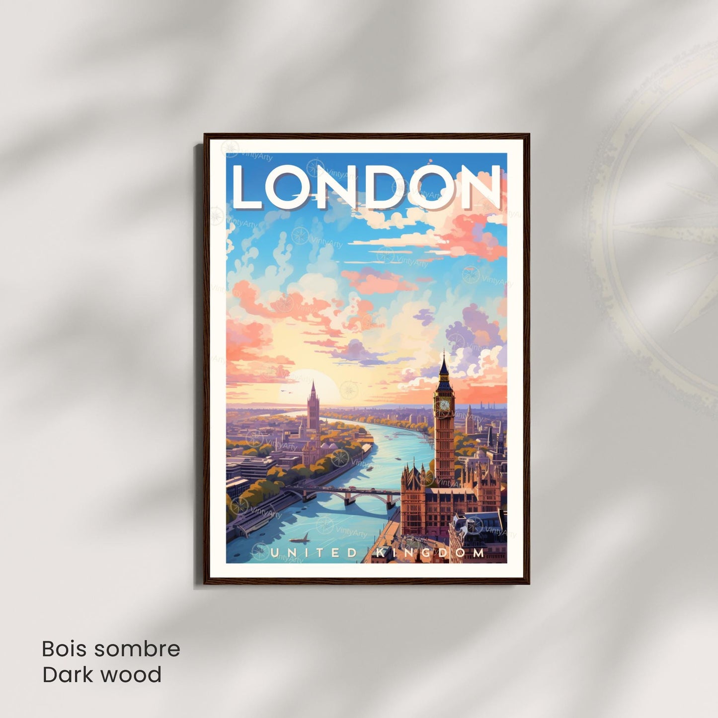 Affiche Londres – Vue aérienne au coucher du soleil | Poster paysage urbain moderne | Déco murale britannique | Avec ou sans cadre