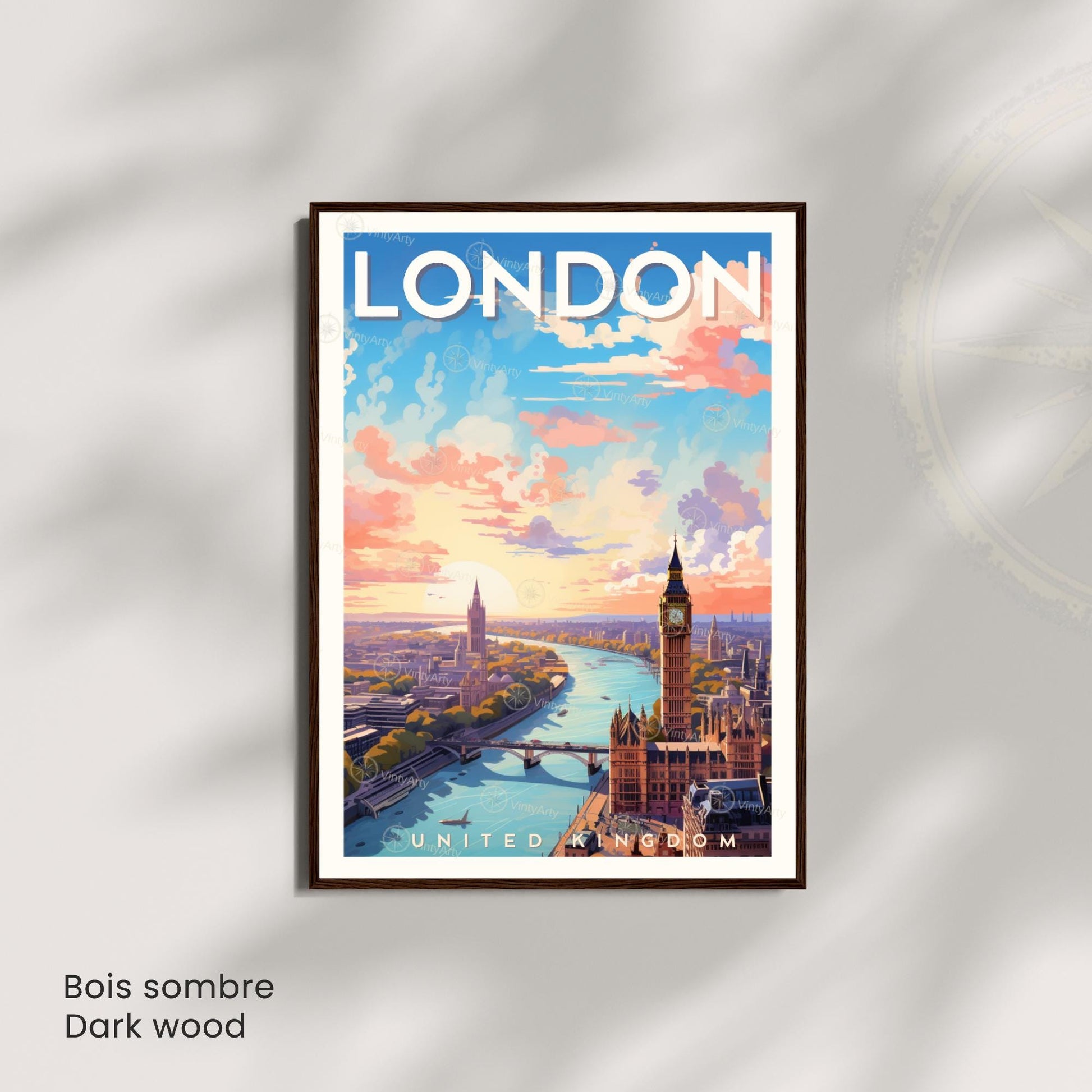 Affiche Londres – Vue aérienne au coucher du soleil | Poster paysage urbain moderne | Déco murale britannique | Avec ou sans cadre