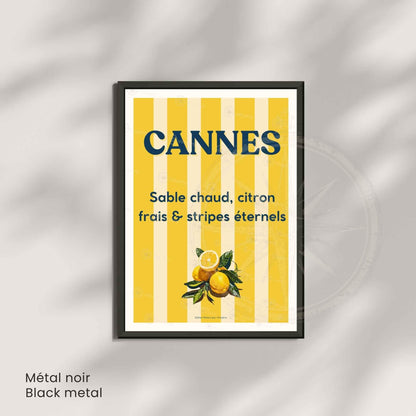 Affiche Cannes citron et rayures – Poster typographique Côte d’Azur – Déco vintage soleil et fruits