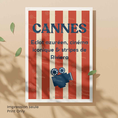 Affiche Cannes Cinéma – Poster typographique Riviera rouge – Déco Côte d’Azur vintage & festival