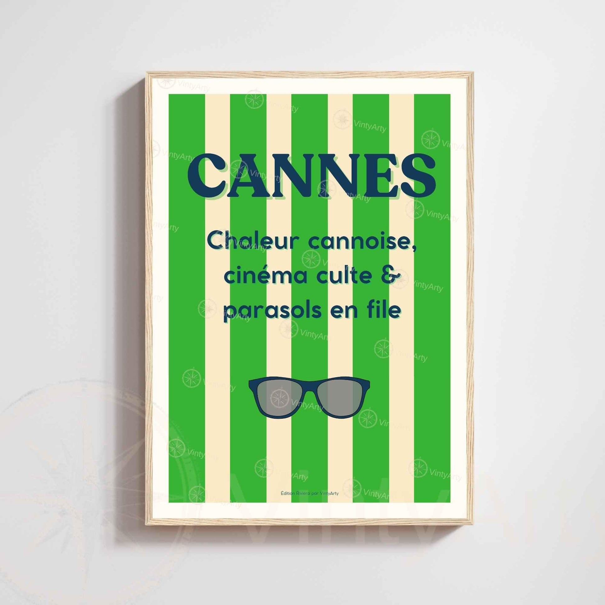 Affiche Cannes lunettes – Poster rayures vertes Côte d’Azur – Art typographique été & cinéma