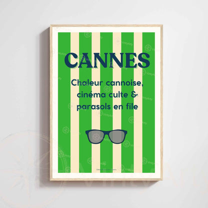 Affiche Cannes lunettes – Poster rayures vertes Côte d’Azur – Art typographique été & cinéma