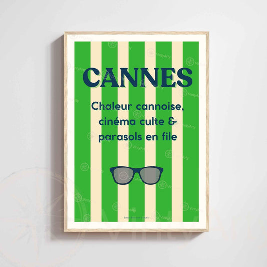 Affiche Cannes lunettes – Poster rayures vertes Côte d’Azur – Art typographique été & cinéma
