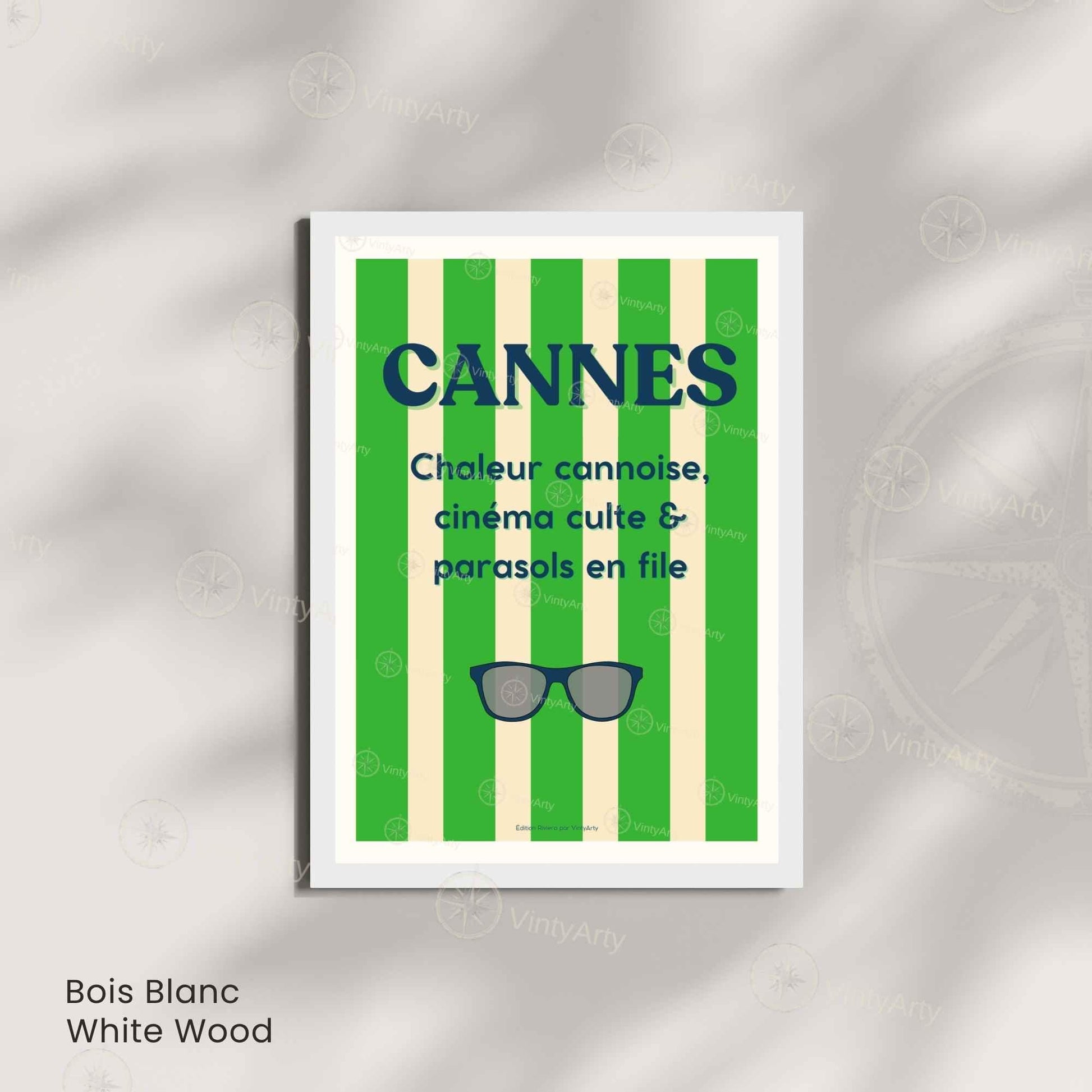 Affiche Cannes lunettes – Poster rayures vertes Côte d’Azur – Art typographique été & cinéma