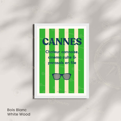 Affiche Cannes lunettes – Poster rayures vertes Côte d’Azur – Art typographique été & cinéma
