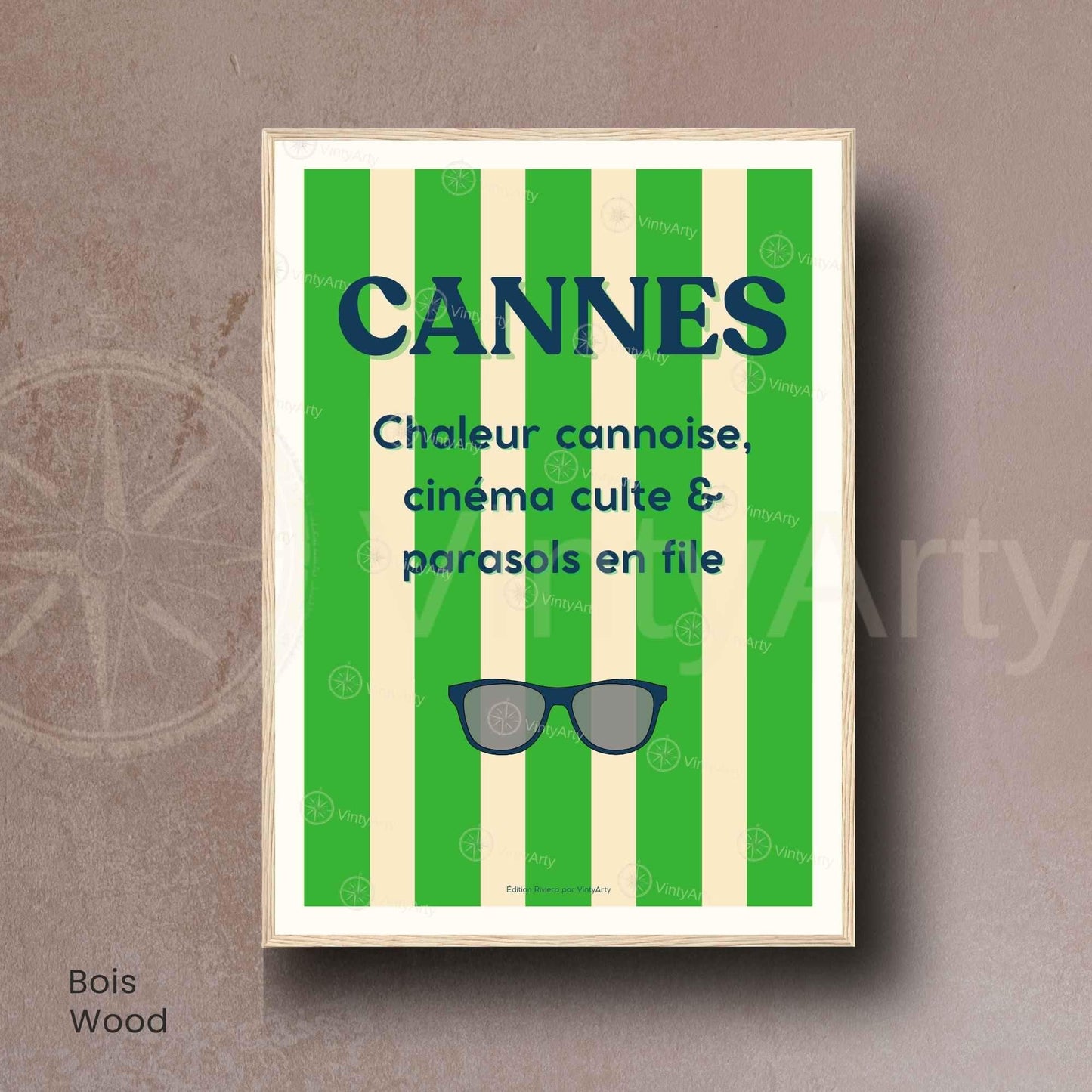 Affiche Cannes lunettes – Poster rayures vertes Côte d’Azur – Art typographique été & cinéma