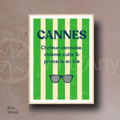 Affiche Cannes lunettes – Poster rayures vertes Côte d’Azur – Art typographique été & cinéma