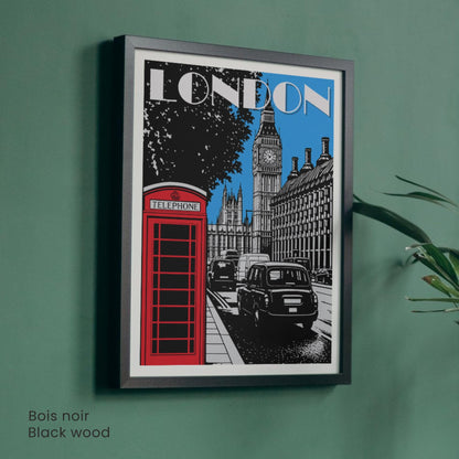 Affiche Londres – Big Ben, cabine téléphonique rouge et taxi noir | Poster graphique vintage style travel poster UK décoration murale