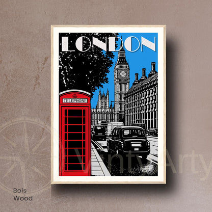 Affiche Londres – Big Ben, cabine téléphonique rouge et taxi noir | Poster graphique vintage style travel poster UK décoration murale