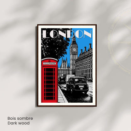 Affiche Londres – Big Ben, cabine téléphonique rouge et taxi noir | Poster graphique vintage style travel poster UK décoration murale