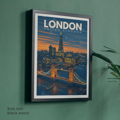 Affiche Londres coucher de soleil – Tower Bridge & The Shard | Poster voyage moderne | Déco murale britannique | Avec ou sans cadre