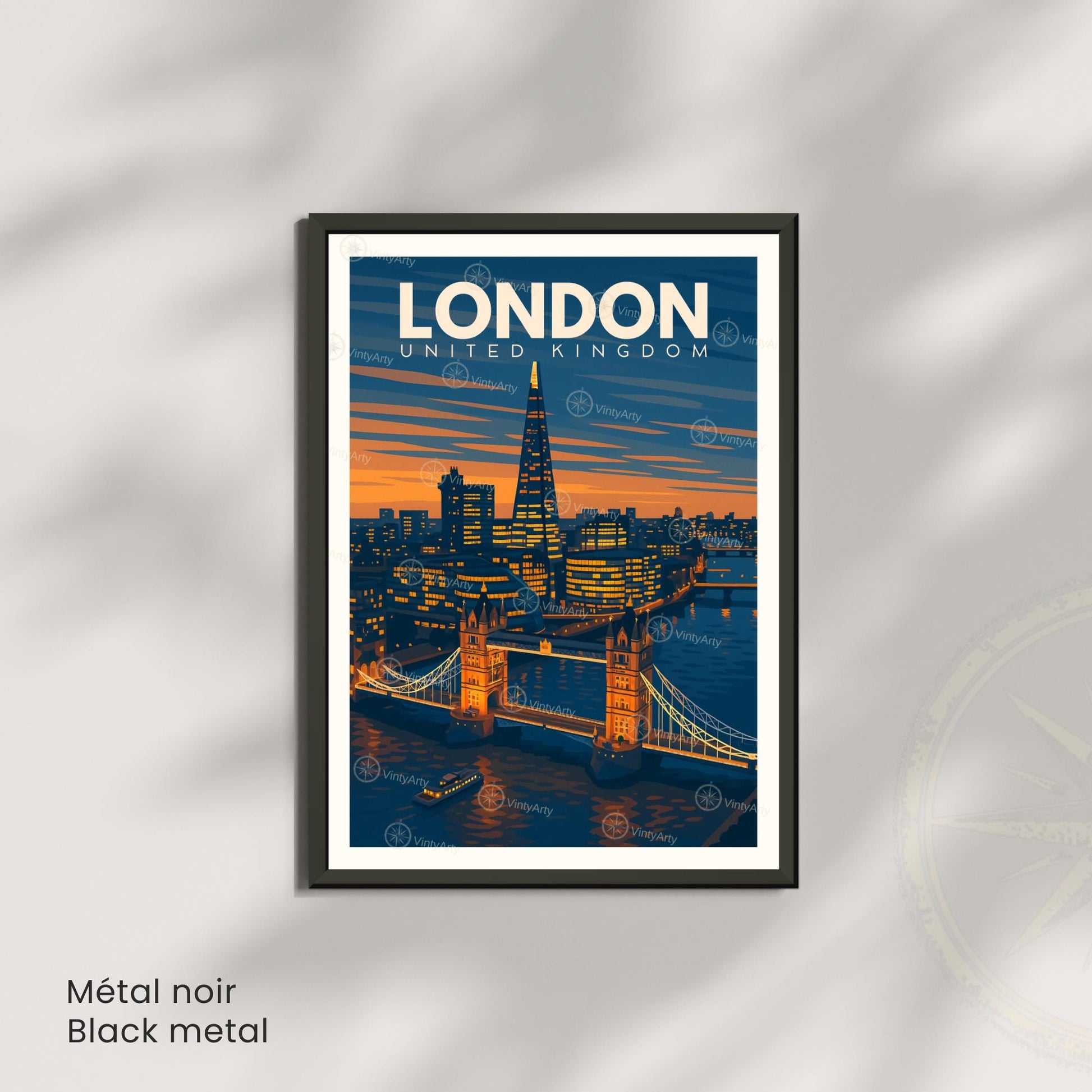 Affiche Londres coucher de soleil – Tower Bridge & The Shard | Poster voyage moderne | Déco murale britannique | Avec ou sans cadre