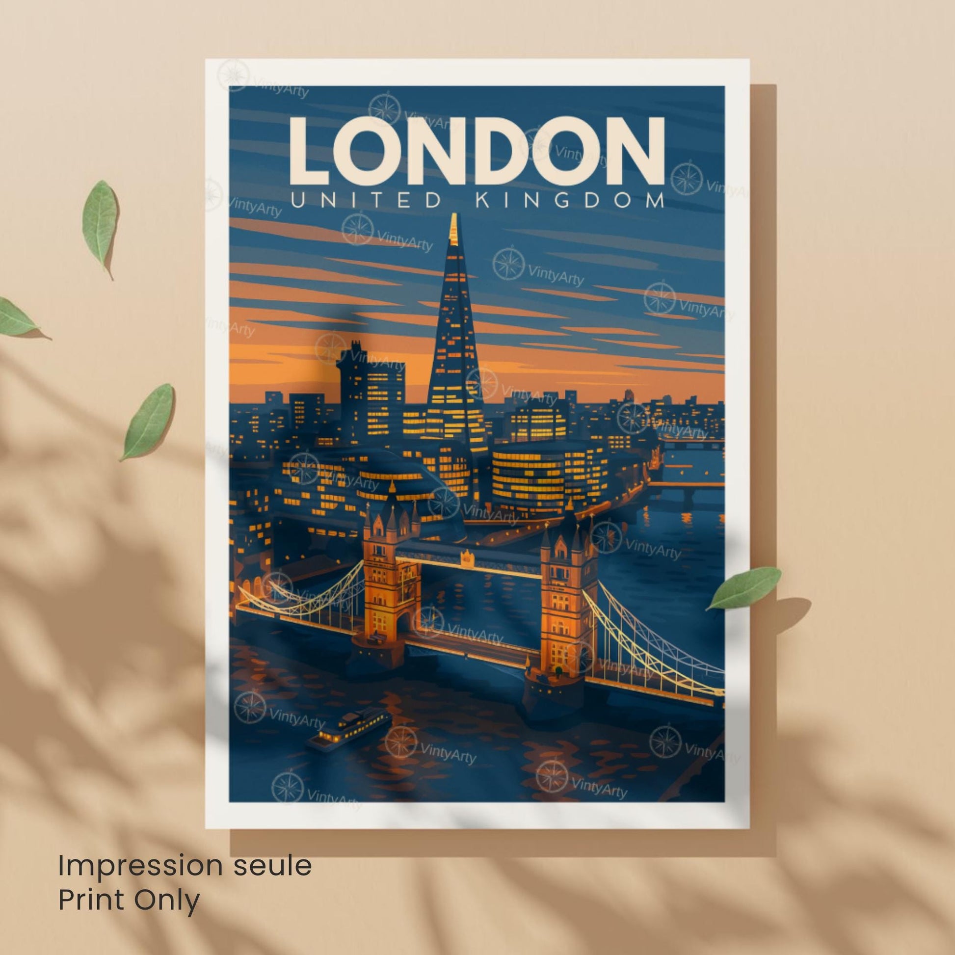Affiche Londres coucher de soleil – Tower Bridge & The Shard | Poster voyage moderne | Déco murale britannique | Avec ou sans cadre