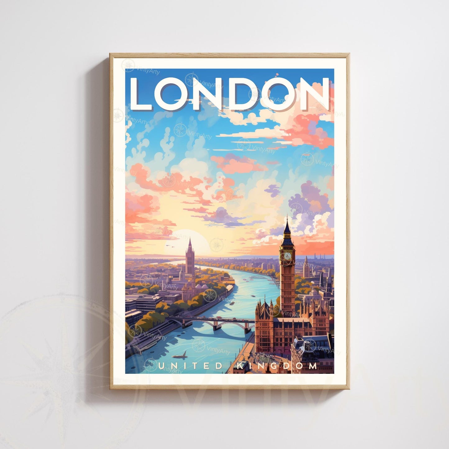 Affiche Londres – Vue aérienne au coucher du soleil | Poster paysage urbain moderne | Déco murale britannique | Avec ou sans cadre