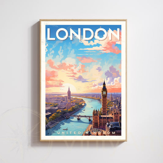 Affiche Londres – Vue aérienne au coucher du soleil | Poster paysage urbain moderne | Déco murale britannique | Avec ou sans cadre