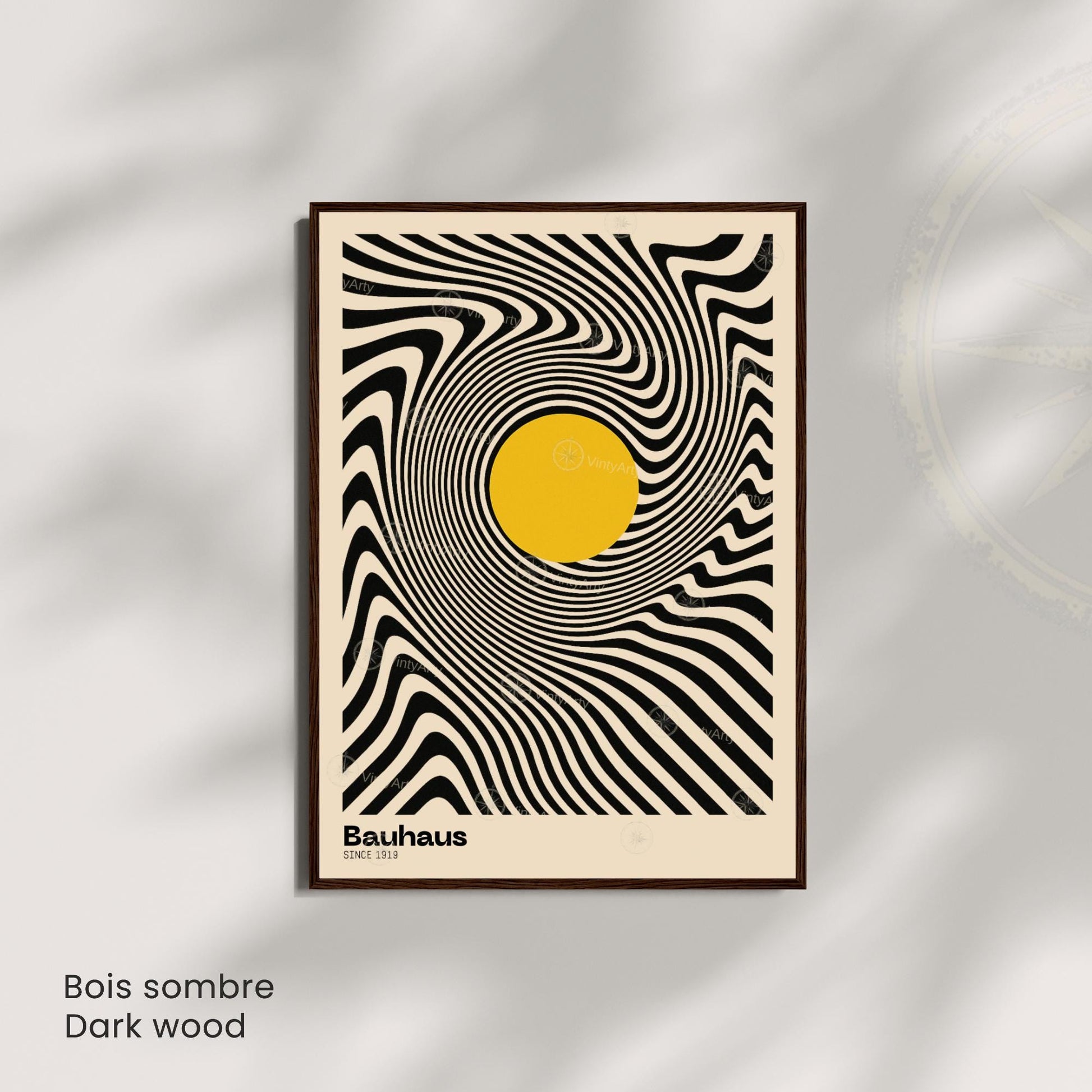 Affiche Bauhaus – Design optique noir et blanc avec cercle jaune | Poster abstrait moderne | Avec ou sans cadre