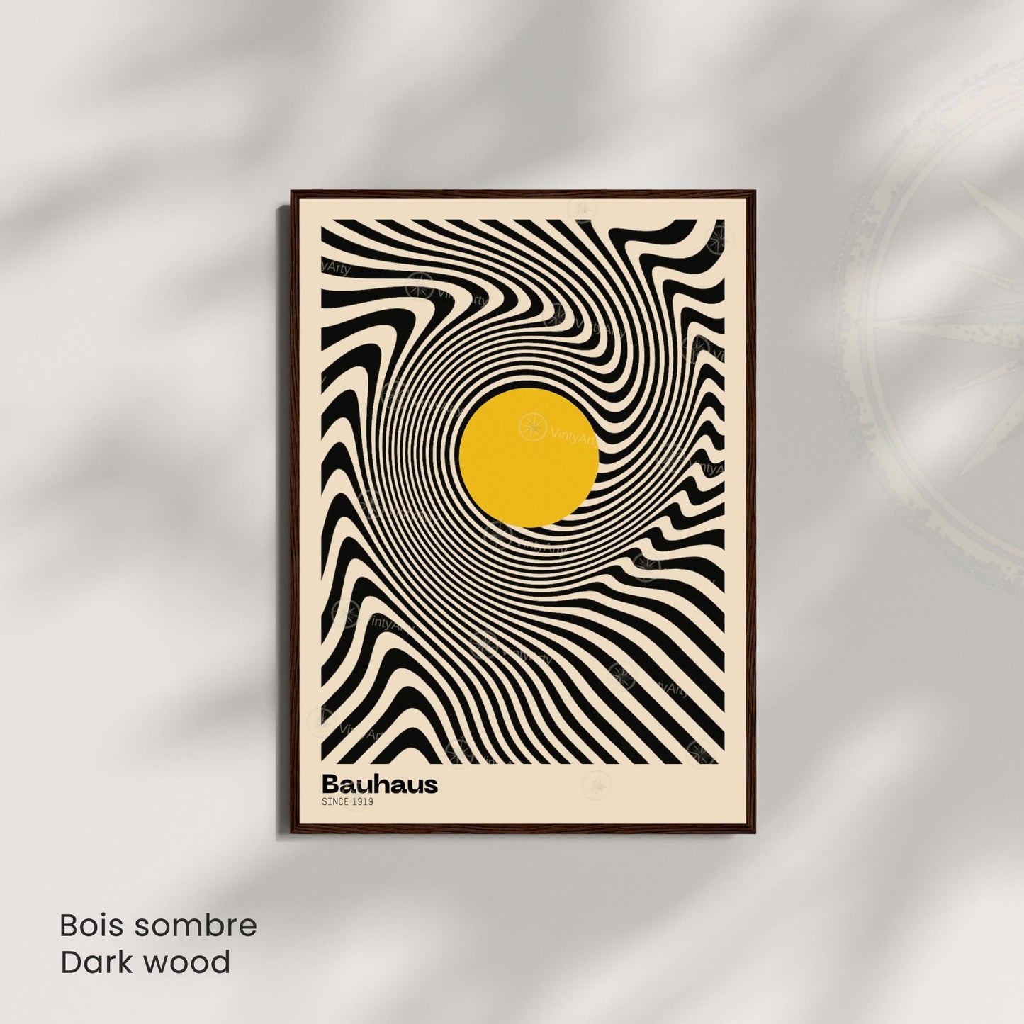 Affiche Bauhaus – Design optique noir et blanc avec cercle jaune | Poster abstrait moderne | Avec ou sans cadre