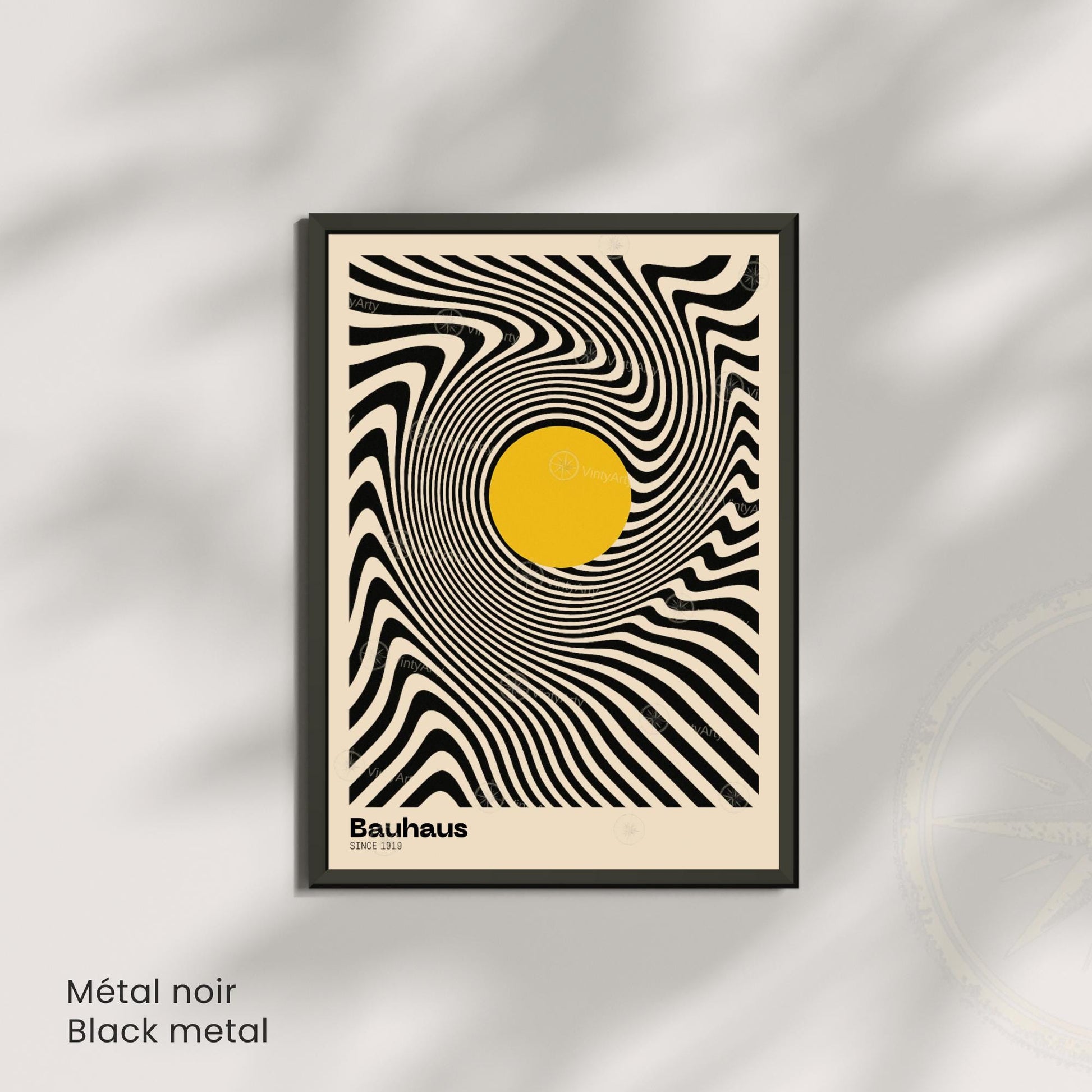 Affiche Bauhaus – Design optique noir et blanc avec cercle jaune | Poster abstrait moderne | Avec ou sans cadre