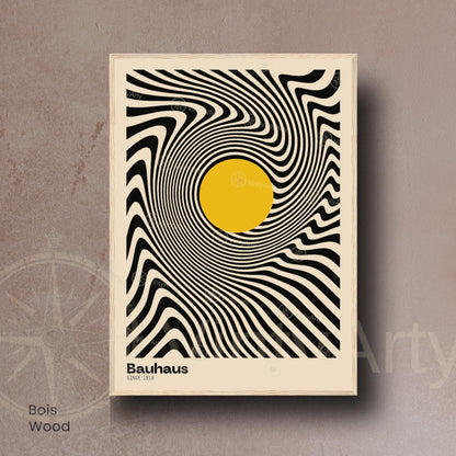 Affiche Bauhaus – Design optique noir et blanc avec cercle jaune | Poster abstrait moderne | Avec ou sans cadre
